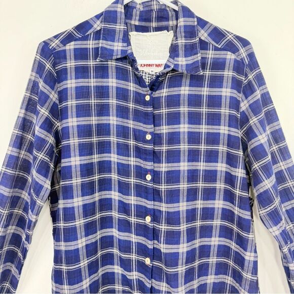 Johnny Was LANA Blue Gray Plaid Gingham Medallion Scarf Back Button Up Shirt - Picture 6 of 16
